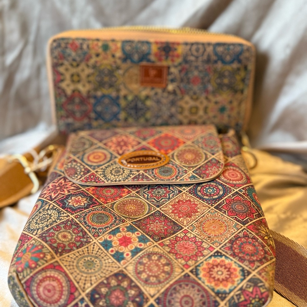 LIEGE Cork Crossbody Bag + Matching Wallet | Azulejo Tile Print | NWT